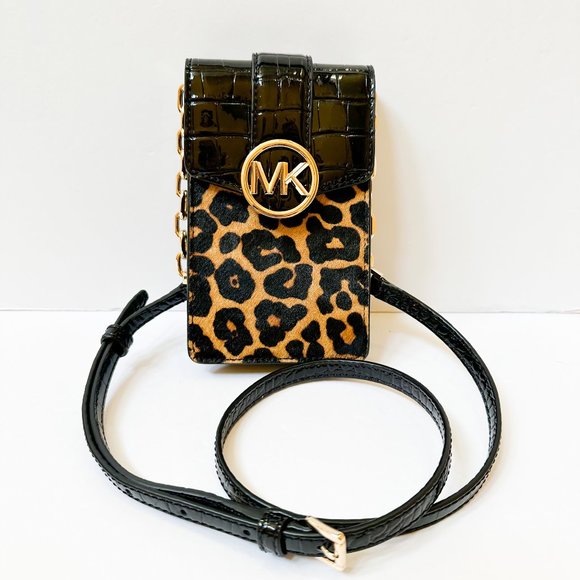 Michael Kors Carmen Small Phone Crossbody Bag Embossed Exotic Black Multi - Picture 1 of 11